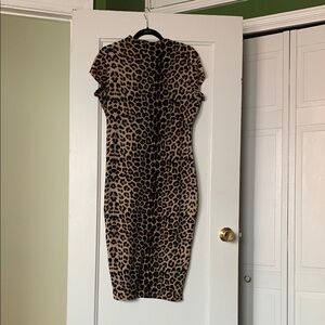 Unique Vintage Tan and Black Leopard Print Midi Dress
